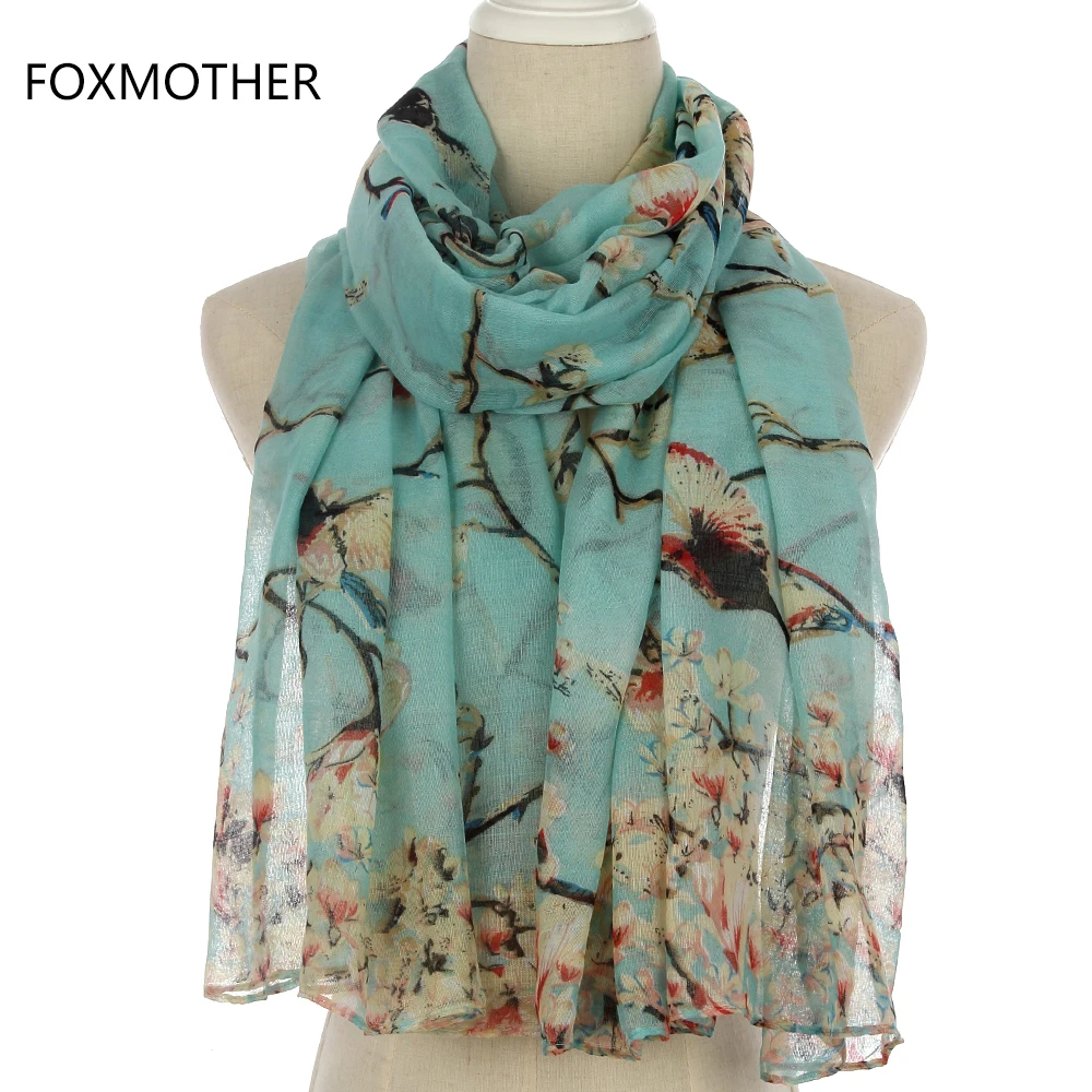Женский Длинный шарф FOXMOTHER серый небесно голубой на ветках дерева зима 2019|scarf