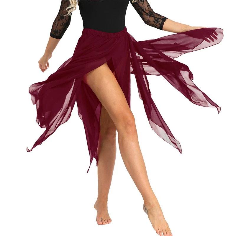 Fashion Women Girls Side Split Asymmetrical Belly Dance Skirt Adult Lady Performance Lyrical Costumes Chiffon | Тематическая одежда