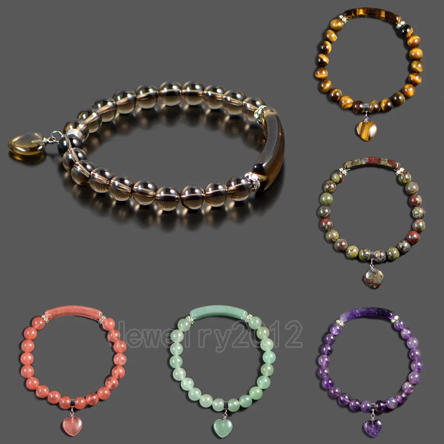 4pcs/Lot 8mm Blue Sand Gem stone Heart Bar Round Beads Stretchy Bracelet Healing Chakra Yoga Diy Jewelry Wholesale | Украшения и