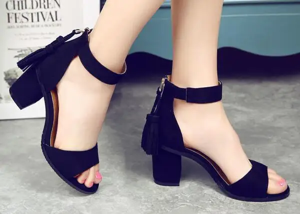 zapatos mujer chunky ladies shoes woman ankle strap summer high heels chaussure femme women sandals pumps tassels P170512 | Обувь
