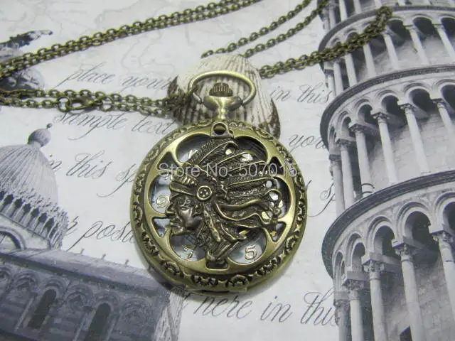 Antique bronze cacique chief Hollow out pocket watch necklace brass steampunk victorian vintage style simple | Наручные часы
