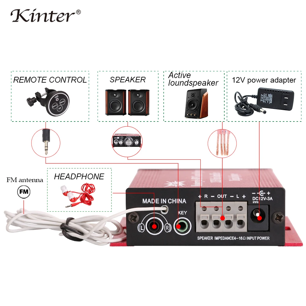 Kinter A7 для усилитель кард ридер DC12V воспроизведения аудио в USB TF через Lound наушников