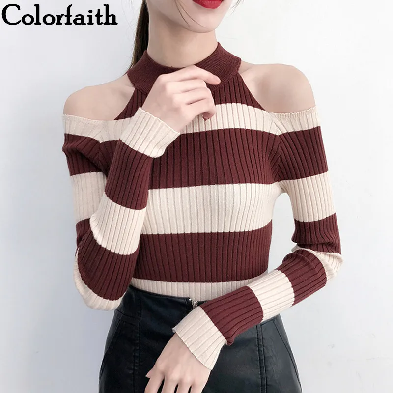 Colorfaith Women Pullovers Sweater 2019 Knitted Autumn Spring Striped Bottoming Knitwear Off Shoulder Elegant Ladies Tops SW367 | Женская