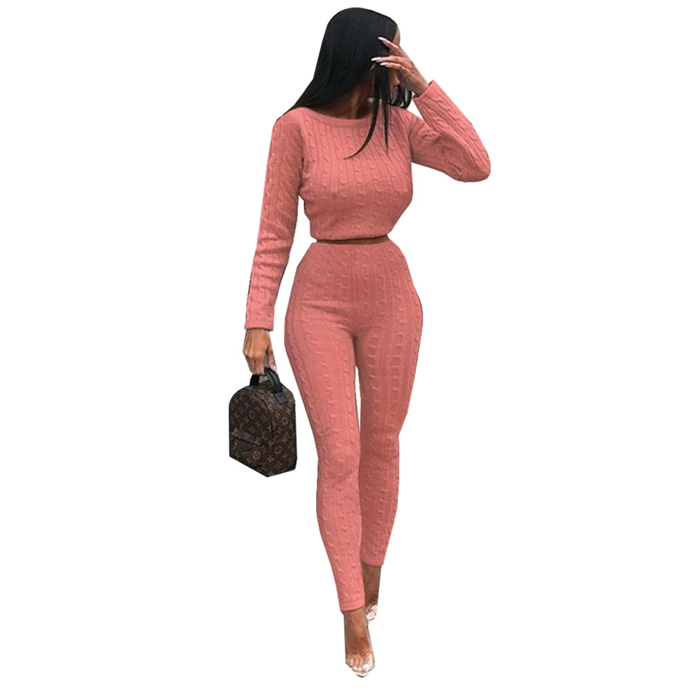 

2 Piece Set Womens Winter Warm Solid Ladies Off Shoulder Cable Knitted Loungewear Suit Set Outfits Ensemble Femme 2018