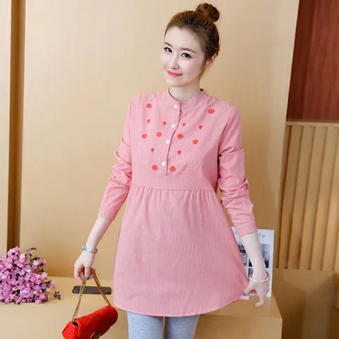 907# Embroidery Striped Ties Waist Maternity Blouses 2022 Spring Autumn Fashion Shirts Clothes for Pregnant Women Pregnancy Tops