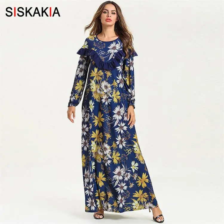 Siskakia, женское длинное платье с цветочным принтом, с круглым вырезом, с длинным рукавом, с рюшами, из кусков, повседневное, мусульманское, макси платья, весна, элегантное, ИД - Цвет: Blue dress
