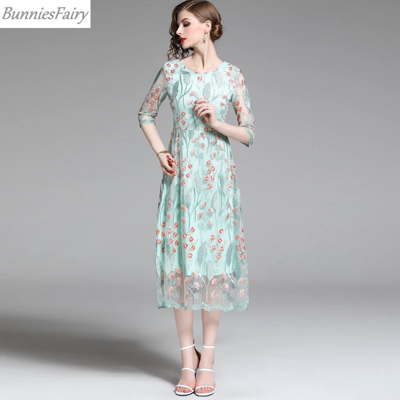 Mesh Embroidered Dress Female Summer Sweet Long Fresh Green Midi | Женская одежда
