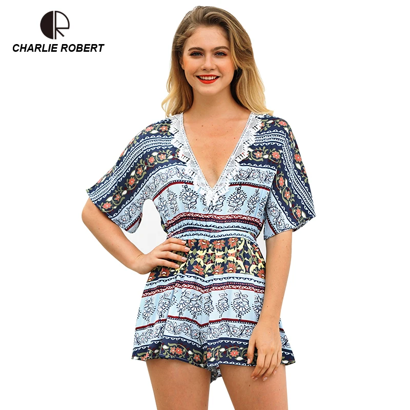 

CR Summer Rompers Women Casual Playsuit Fashion Bohemian Floral Printed Jumpsuit Ladies Vneck Halter Beach Bodycon Jumpsuits