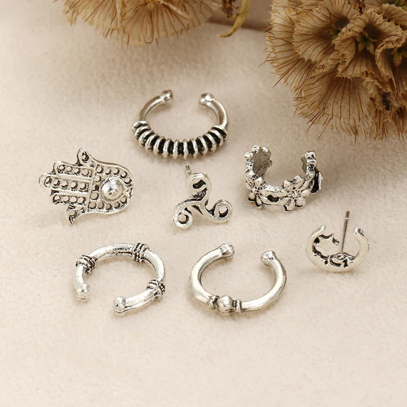8 шт./компл. Boho Для женщин панк серьги в форме листьев Earcuff Хамса клипсы для ушей в форме без проникновения Винтаж Kolczyki металлический Boucle D'Oreille