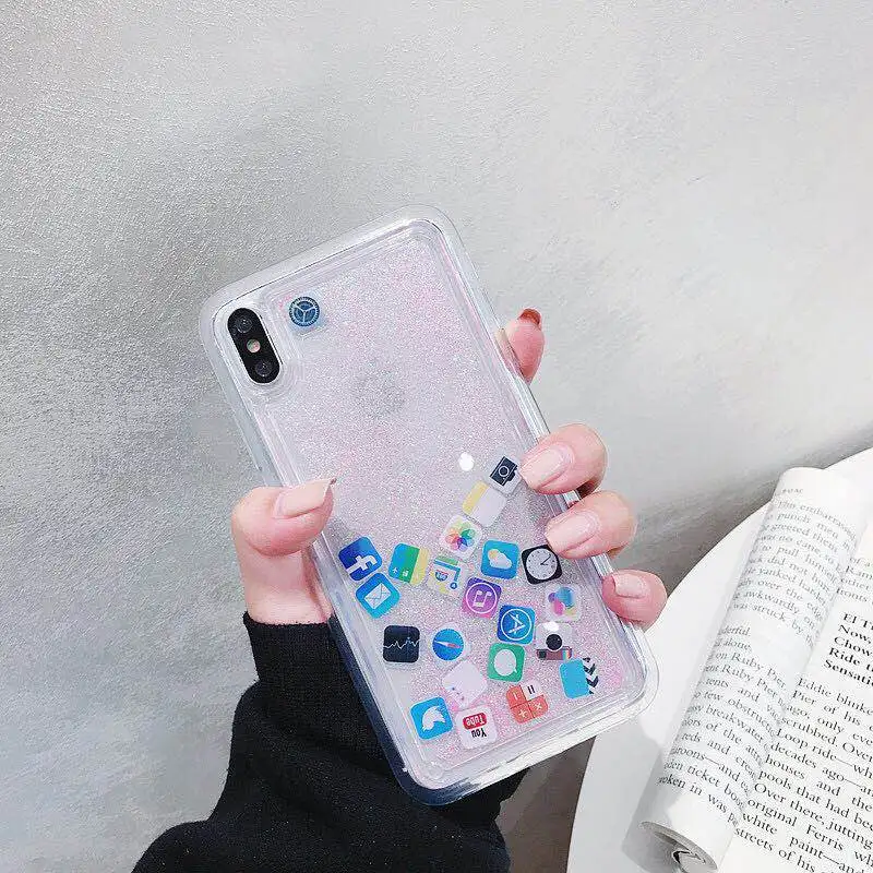 Чехол KISS с динамической жидкостью, Жесткий Чехол из поликарбоната для iPhone X, XS, MAX, XR, чехол с зыбучим песком для iPhone 116, 7, 8 plus, милый прозрачный чехол с изображением приложений - Цвет: 2