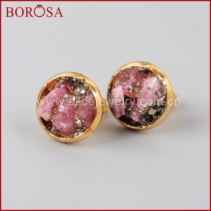 Серьги пусеты borosa золотистого цвета круглые натуральный красный турмалин и