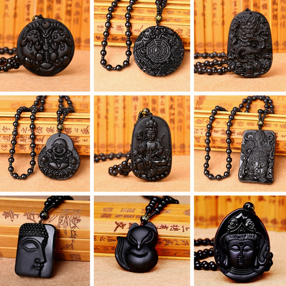 Подвеска из черного обсидиана подвеска амулет с резьбой по Будде для женщин и