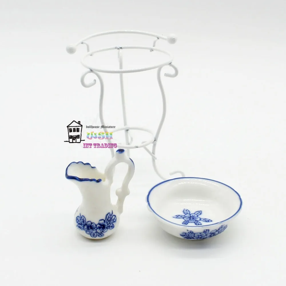 Miniature Dollhouse 1:12 Bathroom Accessories Set blue flower Washstand / Washbasin Kettl Dolls Bath Decoration Gift Kits 3 pcs | Игрушки и