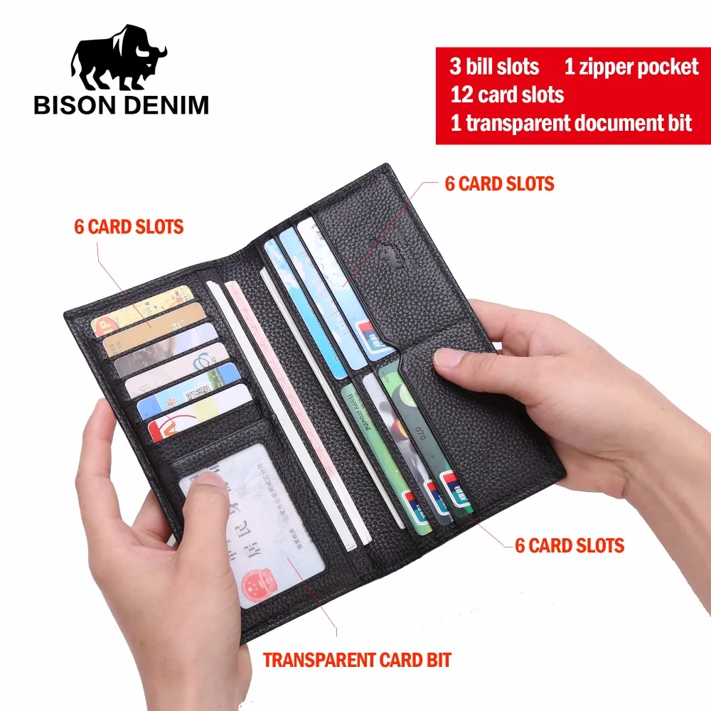 Роскошные мужские кошельки BISON DENIM из натуральной кожи длинный тонкий складной