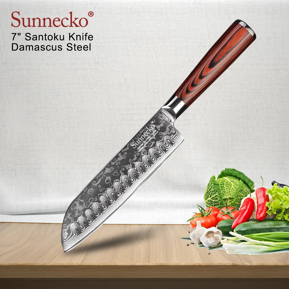 

Нож сантоку из дамасской стали SUNNECKO, кухонный нож 7 дюймов, 73 слоя, прочное твердое лезвие, с деревянной ручкой Pakka, слайсер для шеф-повара