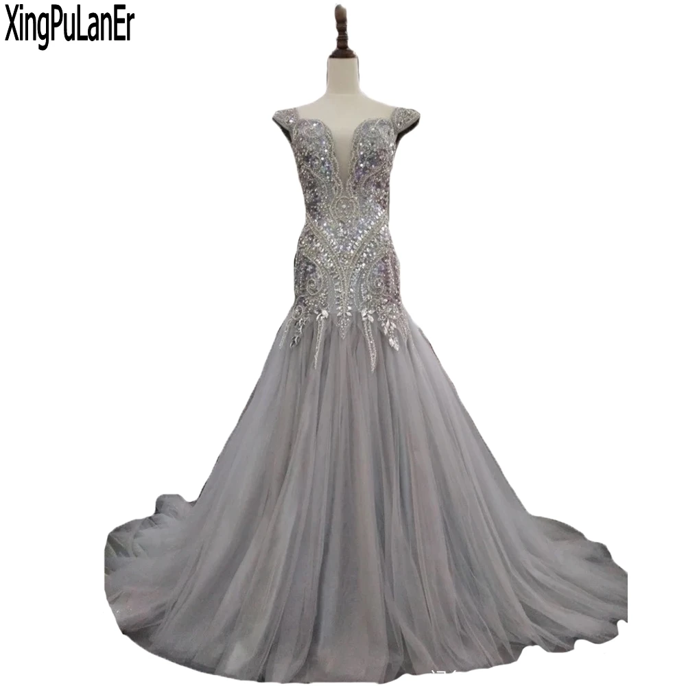 

Mermaid Deep V Neck Off The Shoulder Beaded Sequins Luxury Court Trian Grey Tulle Real Made Sexy Evening Dress Pageant PromDress