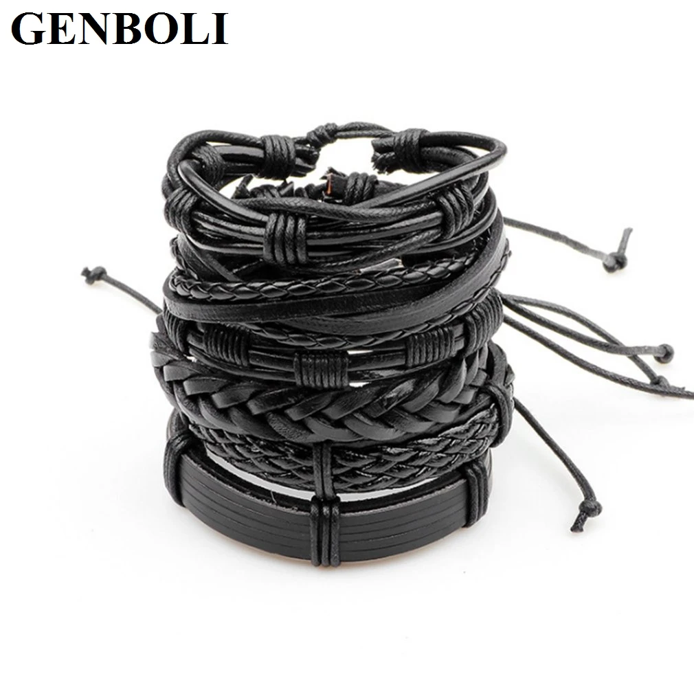 GENBOLI 6 шт./компл. мужские ювелирные изделия регулируемый черный плетеный браслет