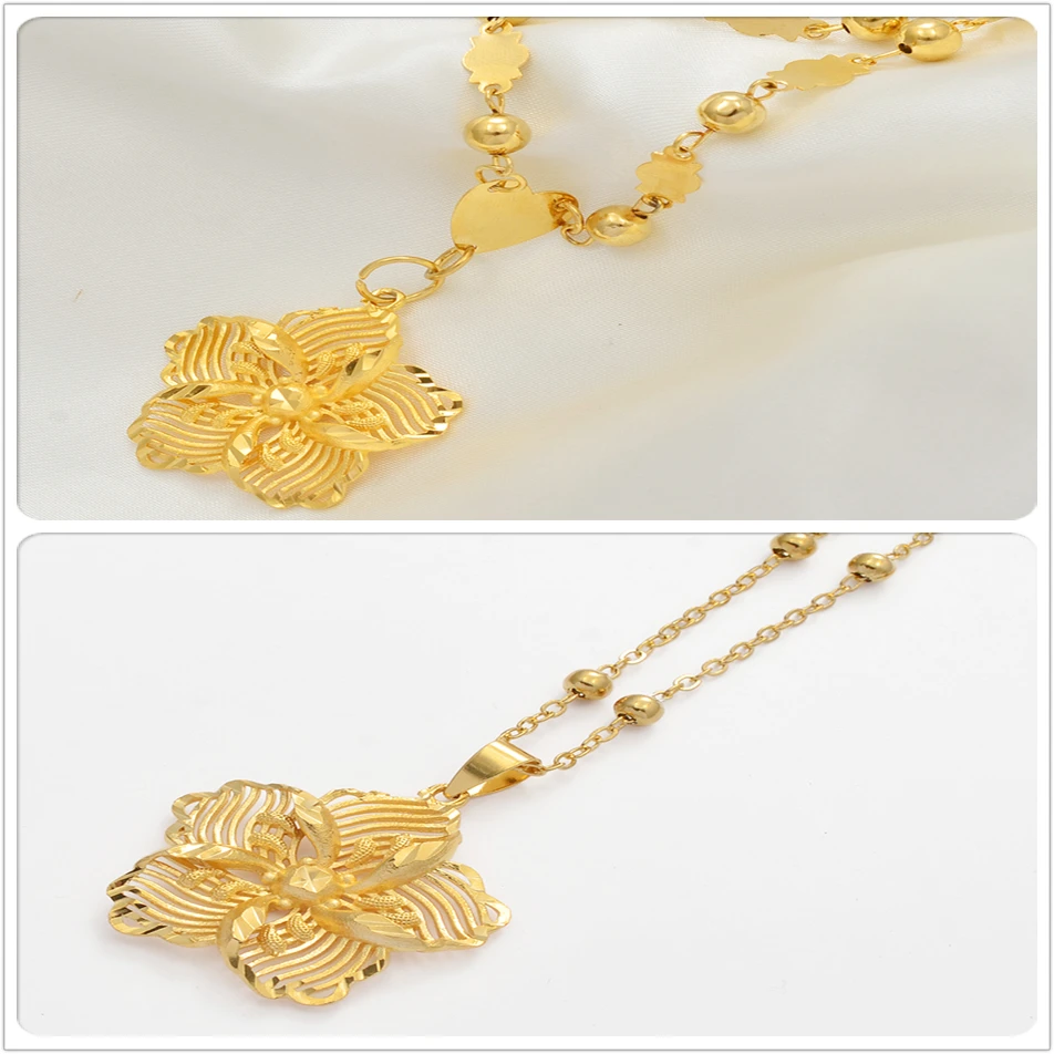 Anniyo Gold Color Flower Pendant Ball Beads Necklaces for Women Girls Flowers Jewelry Birthday Gifts #001236 | Украшения и