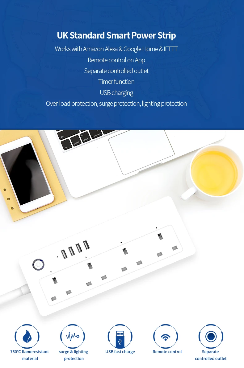 AOFO WiFi силовая полоса, стандарт Великобритании, 100-240 В, 13А, номинальная умная розетка-удлинитель alexa и google home Tuya App USB