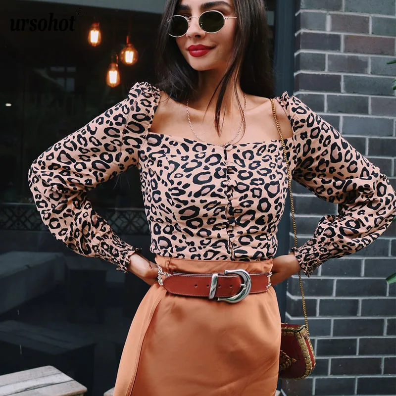 Ursohot спинки Leopard Блузка Для женщин квадратный воротник Короткие Футболка женская