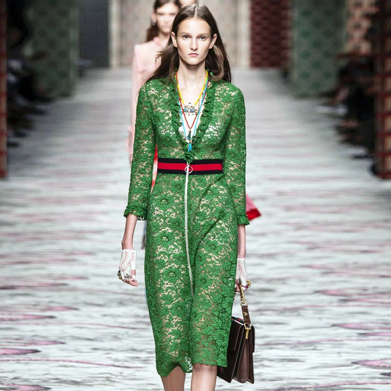 Женское вечернее платье с V-образным вырезом элегантное зеленое кружевное