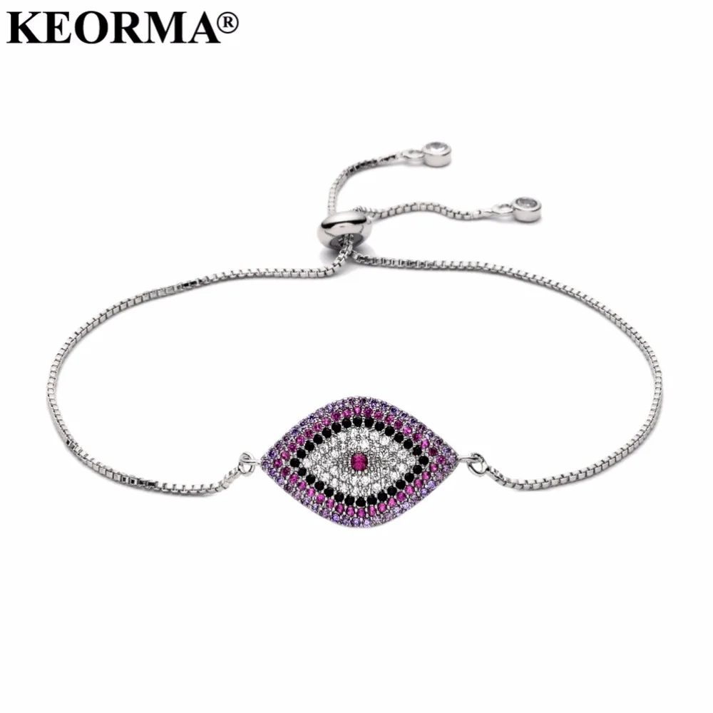 KEORMA Luxury Full Cubic Zirconia Crystal Pave Eye Charm Bracelet for Women Adjustable Slider Turkish Jewelry XM079 | Украшения и