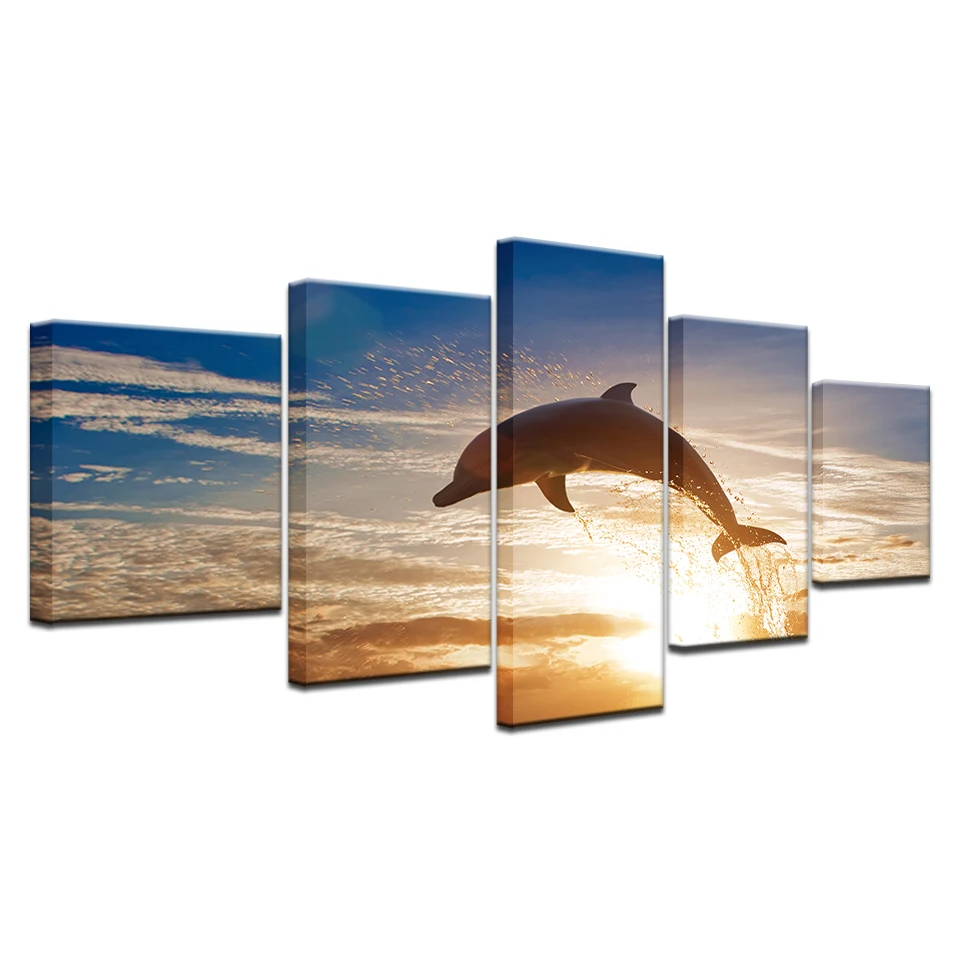 

HD Printed Modular Pictures Frame Canvas Home Wall Art Decor 5 Pieces Jumping Dolphins Animal Painting Sunset Seascape Poster
