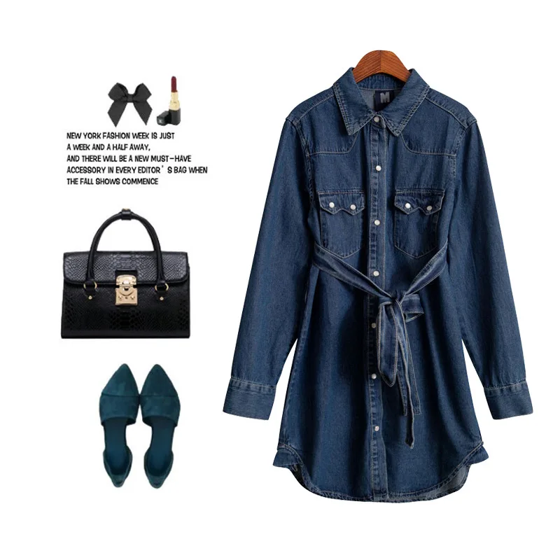 

Long Slim Denim Blouse Shirt Female Slim Plus Size Pure Simple Long Sleeve Denim Shirt With Belt