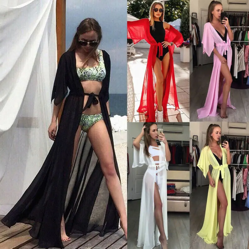 

Summer Women Bikini Cover Up Cardigan Swimwear Chiffon Long Floor Length Maxi Dress Beach Bathing Suit sarong pareo