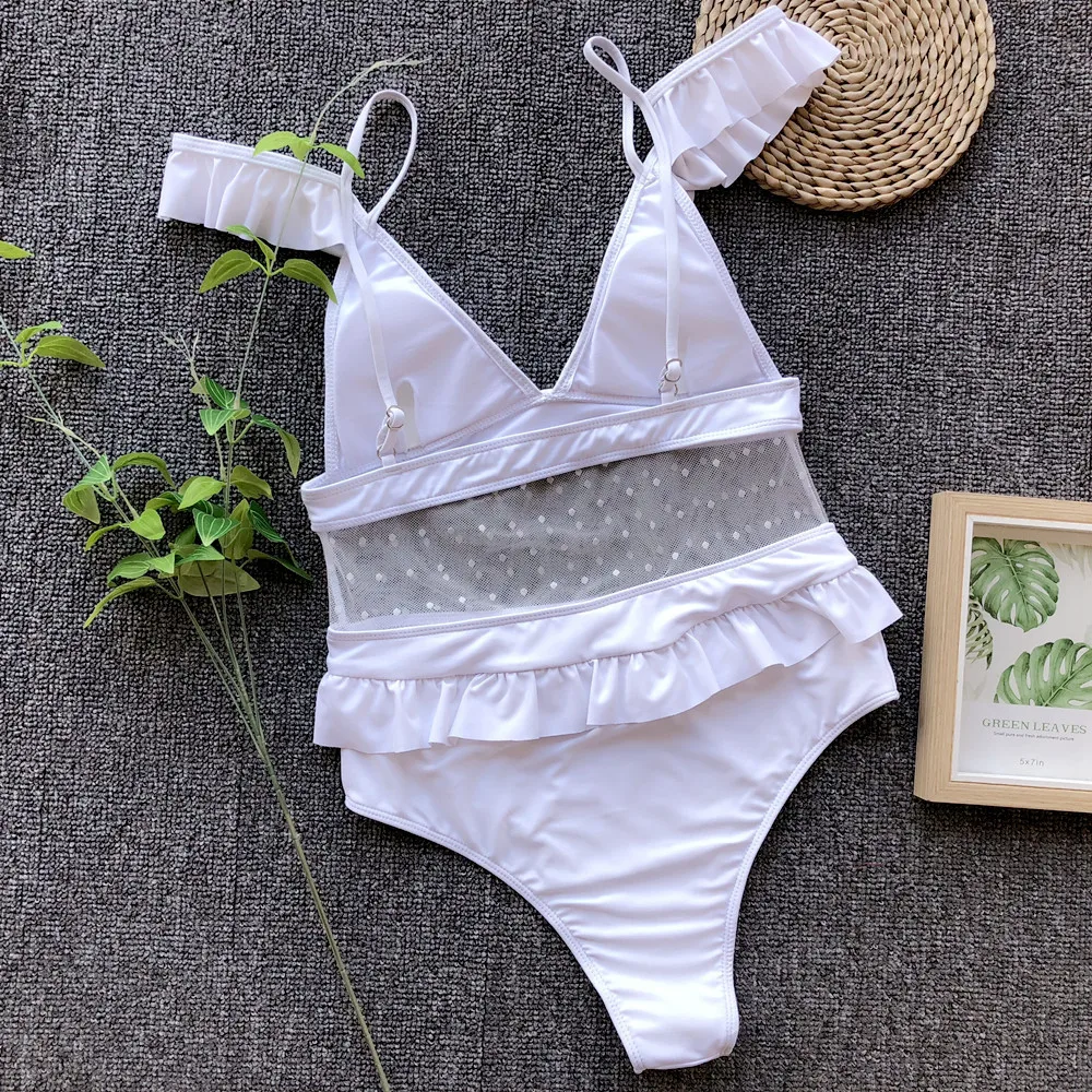 Пикантные Одна деталь купальник Для женщин рюшами Купальники Монокини Белый