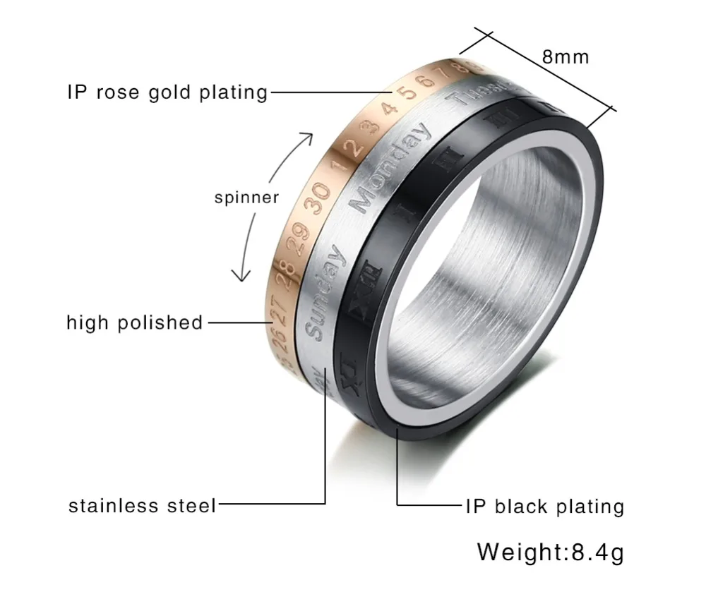 Beichong High Polished Spinner Ring Date Number &amp Roman Numeral Day Design Rotatable Stainless Steel Band For Boy Party Gift | Украшения