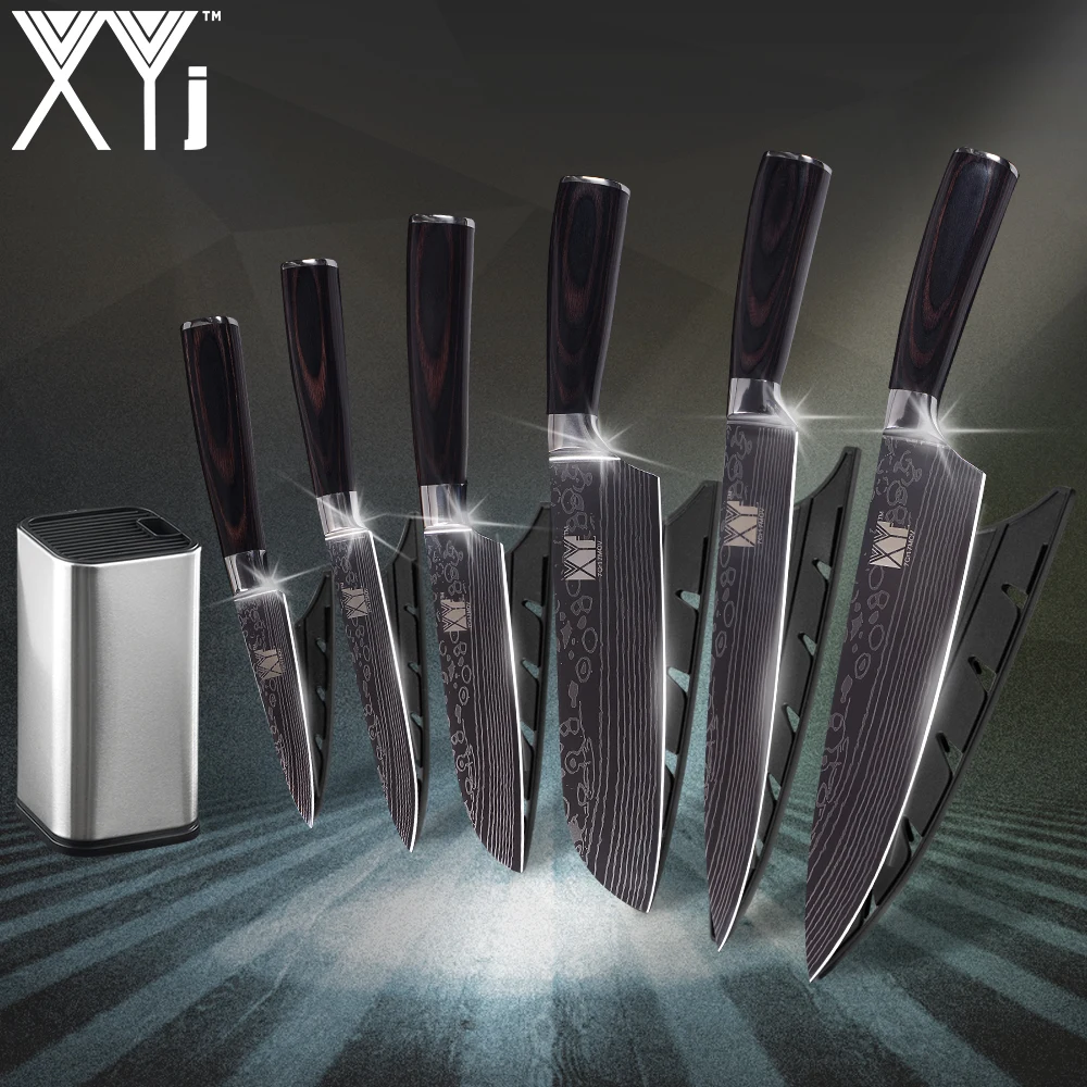 Кухонный нож XYj, 6 шт., имитирующий дамасский узор, 8 дюймов, 7 дюймов, 5 дюймов, 3,5 дюймов, набор ножей из нержавеющей стали+ 8 дюймов, Держатель ножей, чехлы для ножей