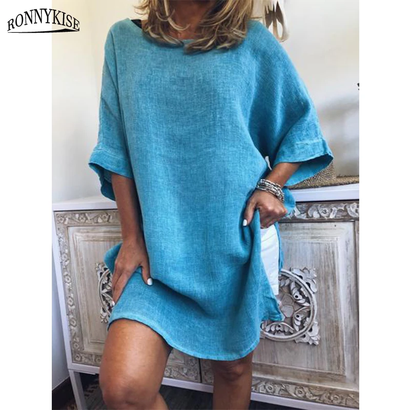 RONNYKISE/Платья с коротким рукавом для женщин модное однотонное хлопковое льняное