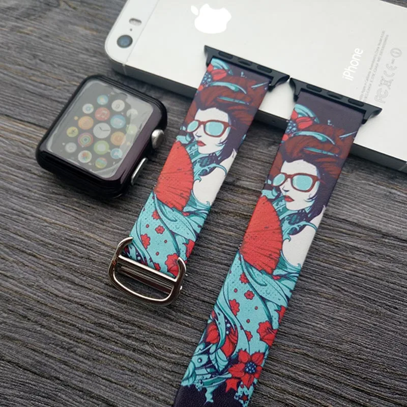 Кожаный ремешок с принтом в стиле хип-хоп для iwatch, ремешок серии 4, 3, 2, 1, Цветочный браслет на запястье для Apple Watch, 42 мм, 38 мм, 44 мм, 40 мм - Цвет ремешка: D