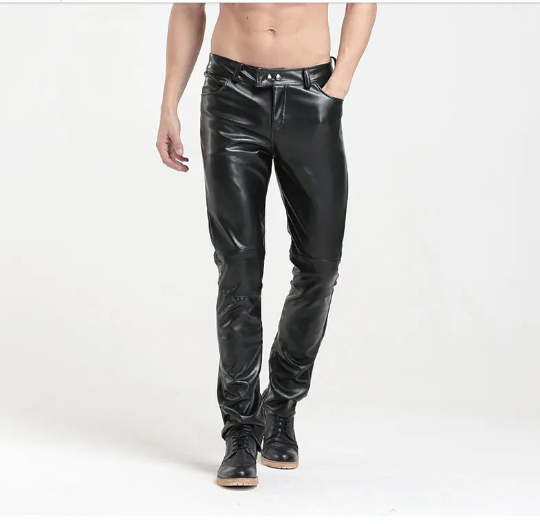 Мужские Nigthclub Slim Fit эластичный черный искусственного кожаные брюки, мужские Бизнес плотные эластичные штаны из искусственной кожи Блестящие Брюки-карандаш