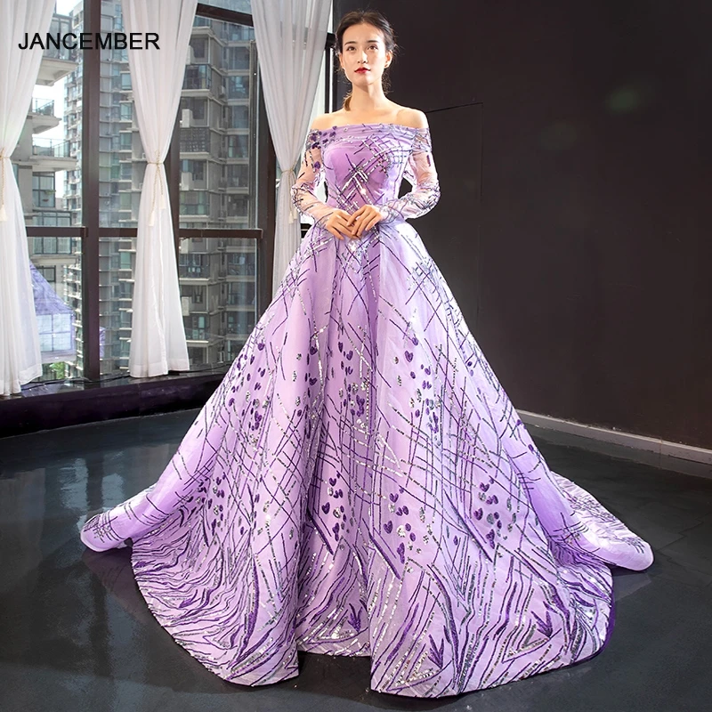 J66894 jancamber фиолетовое вечернее платье с длинным рукавом вырез лодочкой шнуровка