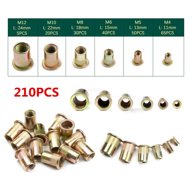 210PCS M4-M12 Rivet 210/100 штук в коробке углерода Сталь заклепочные гайки M4 M5 M6 M8 M10 M12 заклепки с плоской головкой Гайки комплект аппаратные средства Запчасти Мульти Размеры вставка заклепочные гайки - Цвет: 210PCS M4-M12 Rivet