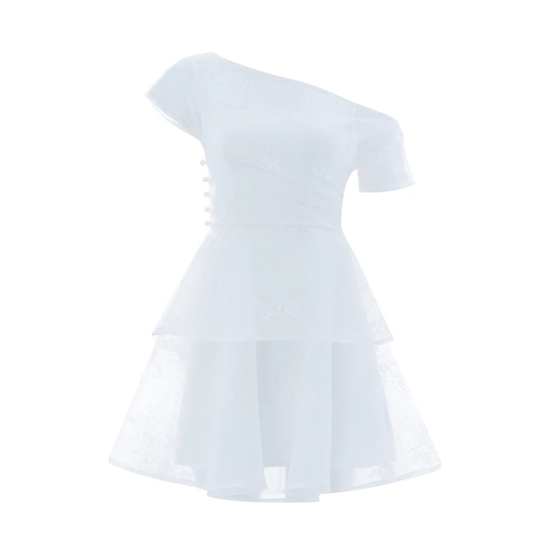 

Max Spri 2019 Women Outfit Party Dress Off the Shoulder Mesh Ruffle Mini Dress White Party Clothing With Pearl Summer Dress