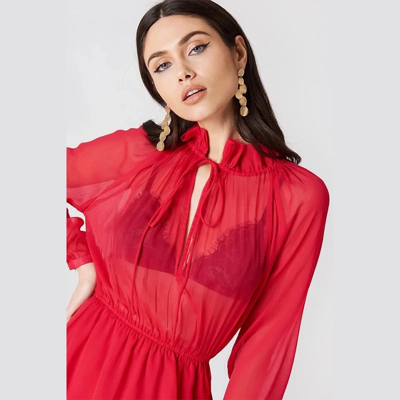 2019 New summer Fashion Sexy Ladies Cascading Ruffle Chiffon Dresses Office Loose Long Sleeve Knee Length Elegant Dress | Женская одежда