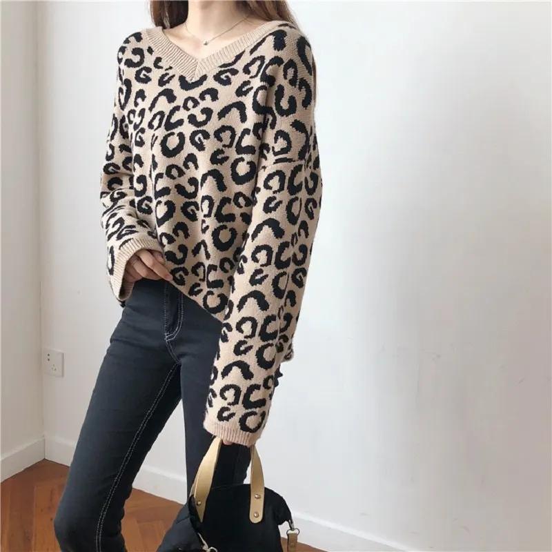 korean streetwear casual Leopard color double V-neck sweater women 2018 autumn winter | Женская одежда
