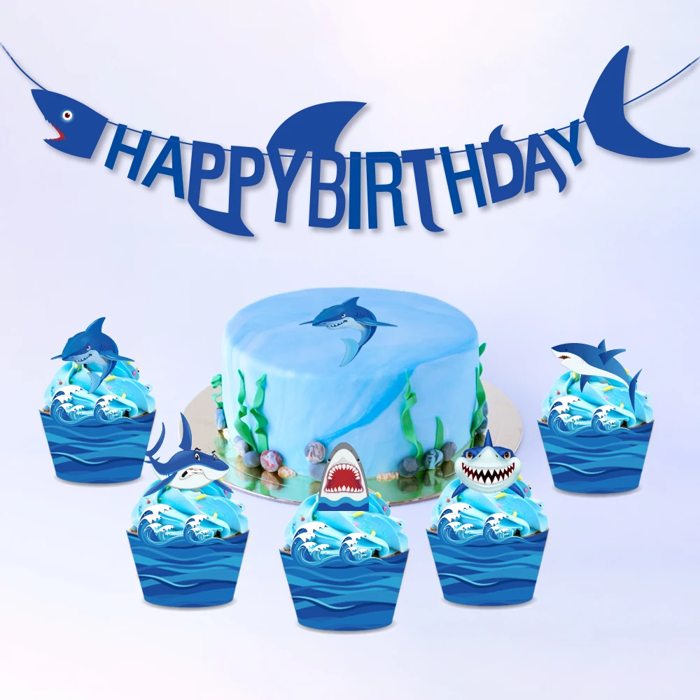 

Happy Birthday Party Favors Decoration Baby Shower Cartoon Shark Birthday Banner Kids Birthday Blue Sea Shark Theme Supplies