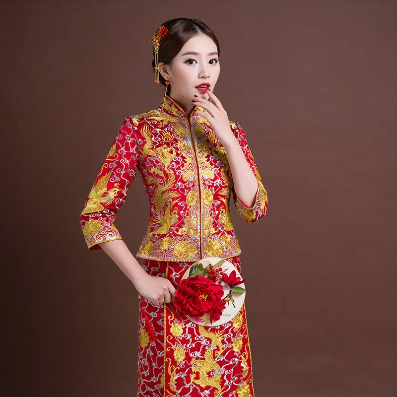 Женское традиционное свадебное платье Qipao красное китайское с вышивкой в стиле