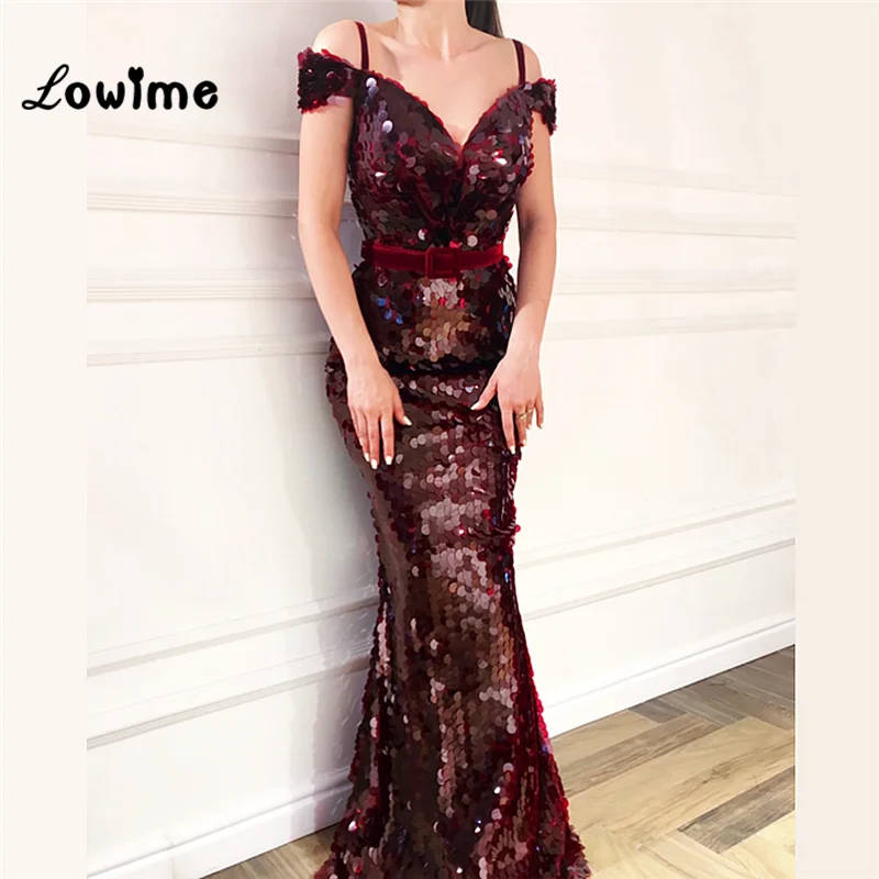 

Wine Red Mermaid Evening Party Dress Sequined Off The Shoulder Long Prom Dresses 2018 New Vestidos Robe De Soiree Formal Dress