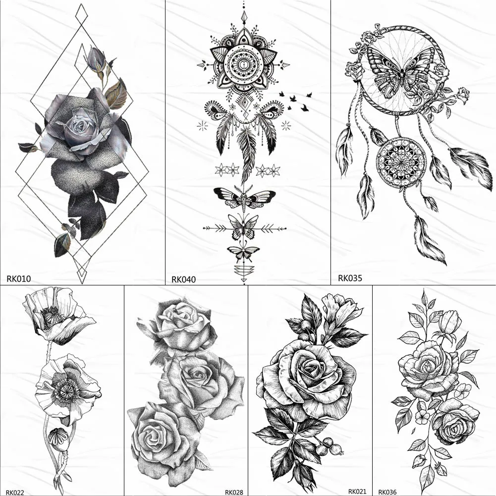 

OMMGO Black Henna Dream Catcher Feather Temporary Tattoos Sticker Rose Leaf Body Art Arm Fake Tatoos Custom Tattoo Waterproof