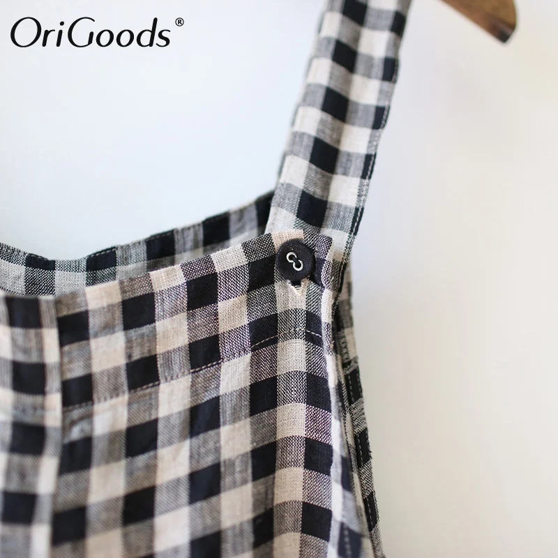 

OriGoods Linen Plaid Overalls Women Summer Jumpsuit Loose Casual Overalls for Women Kawaii Cute Jumpsuit Combinaison Femme A403