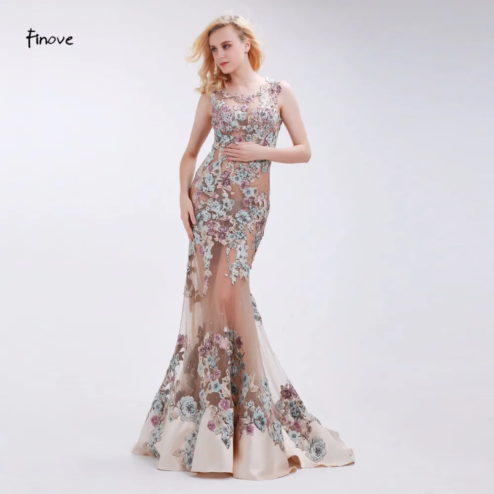 Finove Appliques Evening Dresses Sexy See-Through Tulle Elegant Mermaid Floor-Length 2020 New Champagne Sleeveless | Свадьбы и
