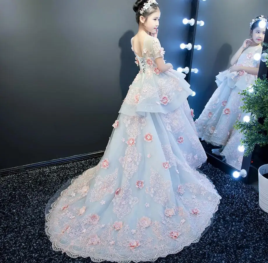 New Arrival Little Girls Luxury Lace Applique Holy First Communion Dresses for Floor Length Open Back Princess Dress | Детская одежда и