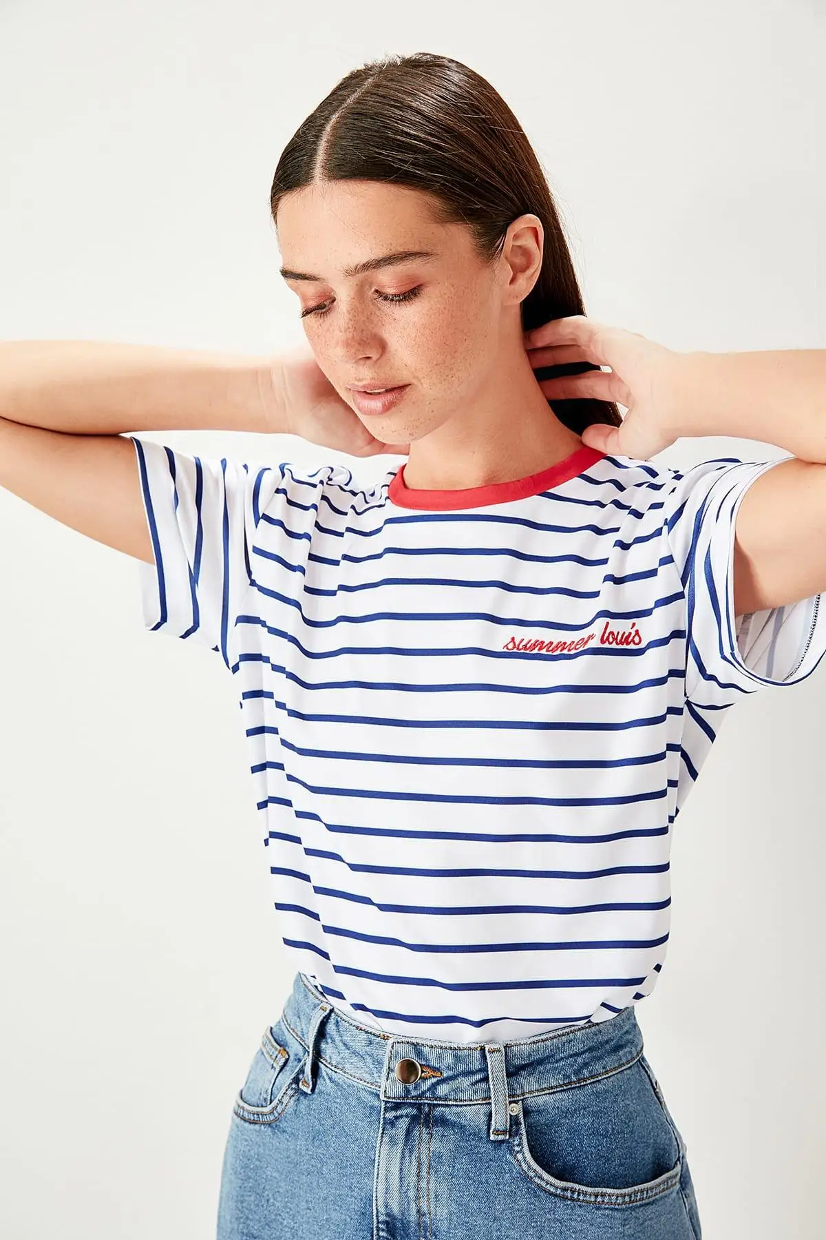Trendyol темно синие полосатые Базовые Трикотажные футболки TWOSS19TS0042|Футболки| |
