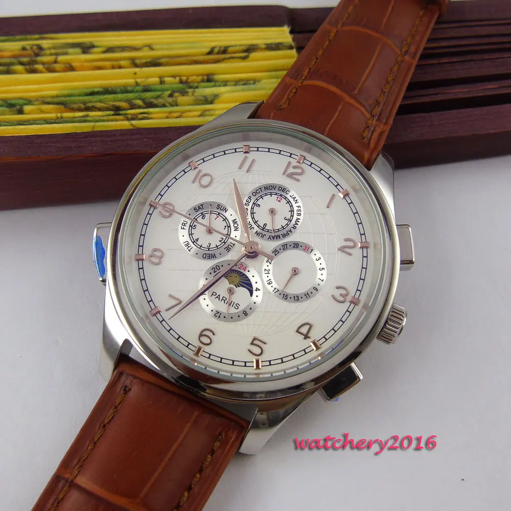 Мужские часы parnis с белым циферблатом и золотым покрытием 44 мм|watch men|watch men watchwatch watch