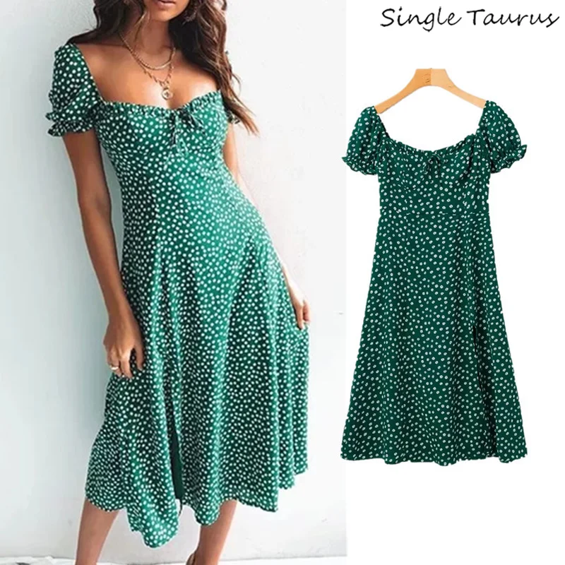 Женское пляжное платье до середины икры зеленое пикантное с квадратным вырезом и